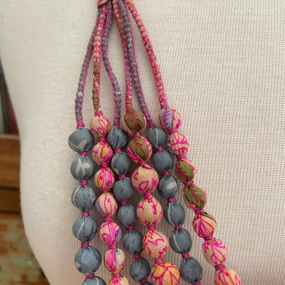 Silk Wrapped Multi Strand Handmade Tie Necklace - Picture 3 of 6